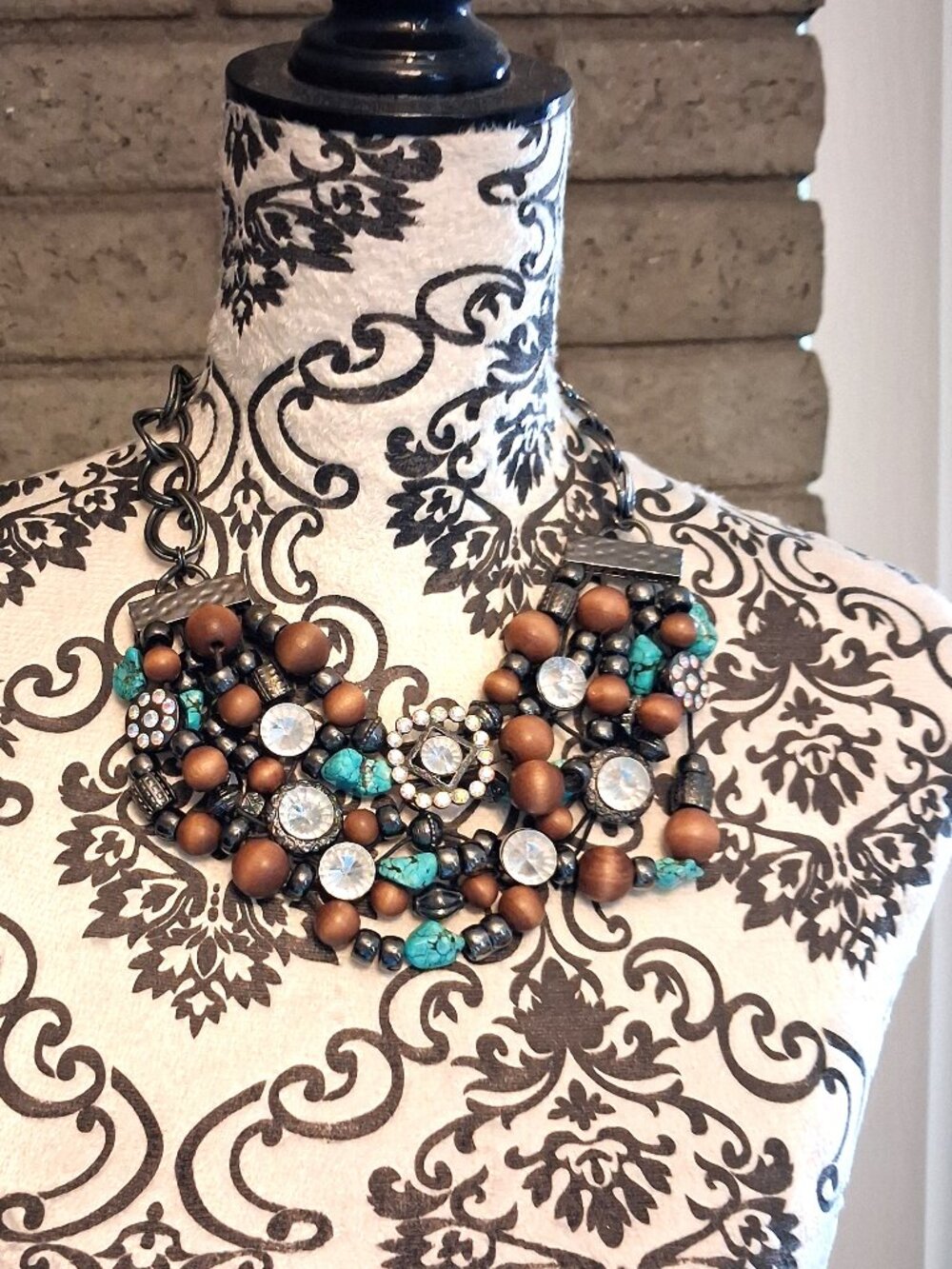 Turquoise Statement Necklace Chunky Mixed Media Wooden Beads Rhinestones Boho